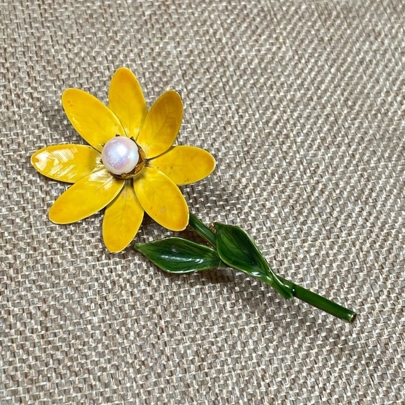 Brooch Original by Robert Flower Enamel LargeYellow Green Vintage Estate - Picture 1 of 8